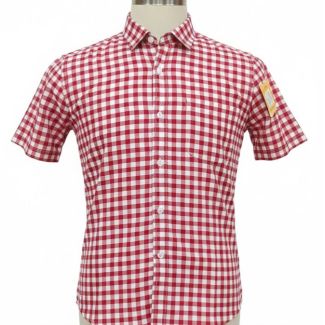 Men's red and white short sleeve cotton shirt with gingham check pattern