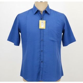 Royal blue short sleeve shirt with a striped pattern and a classic collar, displayed on a mannequin