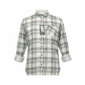 Men's light green and gray plaid woven long sleeve button-up shirt