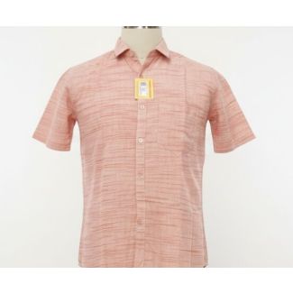 Salmon pink cotton shirt with short sleeves, a collar, and button-down front.