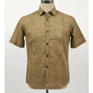 Khaki short-sleeve shirt with subtle striped texture and button-up front, on a mannequin