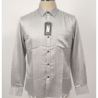Silver button-down shirt with a geometric pattern, long sleeves, and a classic collar.