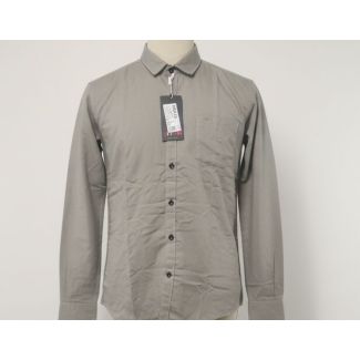 Light gray cotton shirt with a button-down collar, long sleeves, and a chest pocket on a mannequin.