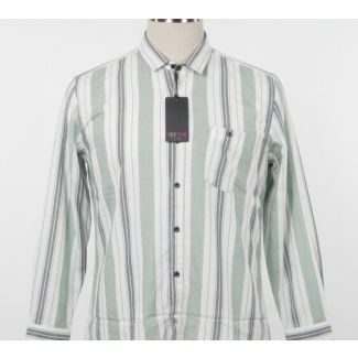 White, grey, and green striped cotton shirt with button-down collar and long sleeves