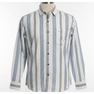 Sky blue and white striped cotton shirt with long sleeves and a button-down closure.