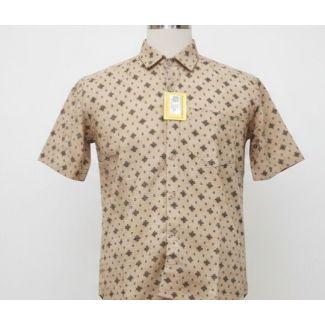 Tan short sleeve men's button-down shirt with dark geometric pattern