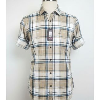 Tan, white, and blue plaid short sleeve collared button-up shirt