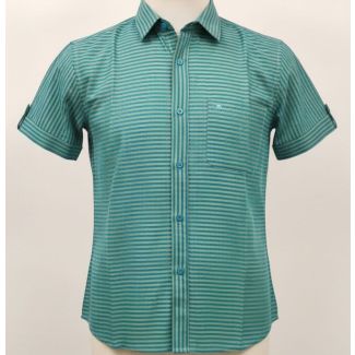 Teal and grey striped cotton shirt with short roll-up sleeves