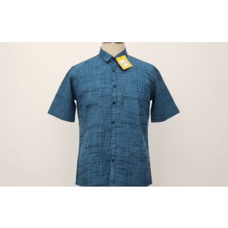 Teal blue textured cotton shirt with short sleeves and a button-down style on a mannequin
