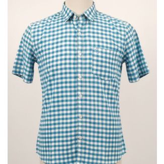 Teal and white gingham short sleeve collared cotton shirt with chest pocket