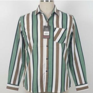 Men's long sleeve shirt with vertical stripes in green, brown, white, and dark blue