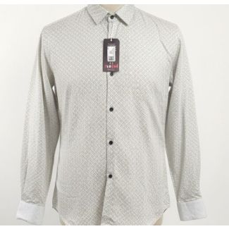 White and beige geometric print men's shirt with long sleeves and button-down style.