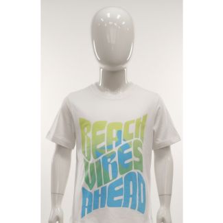 White cotton kids t-shirt with 'Beach Vibes Ahead' graphic