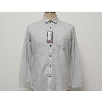 White cotton shirt with black dot pattern, long sleeves and collar