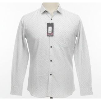 White men's shirt with small black dots all over and a button down collar.