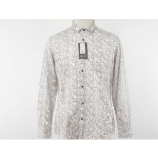 White and gray floral printed button down shirt with long sleeves and a pocket