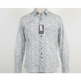White men's dress shirt with dense grey abstract pattern and full sleeves