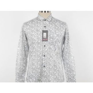 White and grey micro floral print men's full sleeve dress shirt on a mannequin.