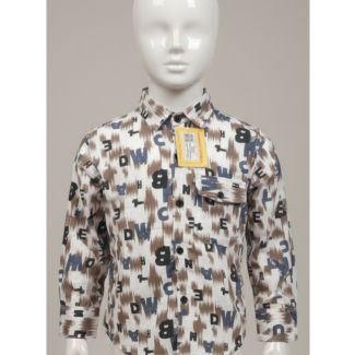 White boys cotton shirt with all-over brown and blue letter print