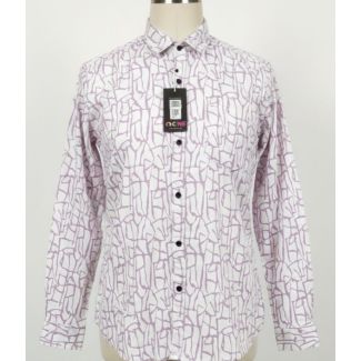 White shirt with lilac geometric pattern, long sleeves and button up front