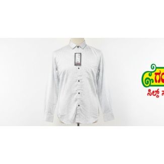 White button-down shirt with a subtle dot pattern, long sleeves, and a classic collar
