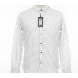 Close-up of a white men's full sleeve dress shirt with a tiny grey print.