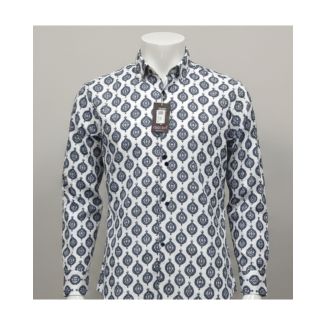 White and navy blue paisley print cotton shirt full sleeve India