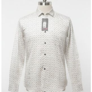 White cotton shirt with small grey geometric pattern and black buttons
