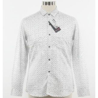 White men's button-up shirt on mannequin with grey micro pattern print