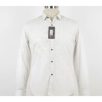 White cotton shirt with small grey print, long sleeves, and a button-down collar.