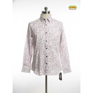 White dress shirt with an irregular lilac geometric pattern, long sleeves and button cuffs, on a mannequin.