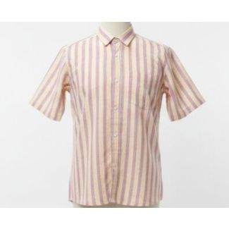 Close-up of a short sleeve woven shirt displaying vertical stripes of yellow and purple.