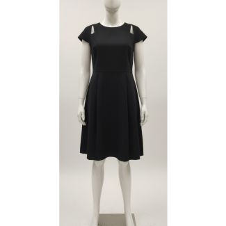 Black short sleeve fit and flare dress with cutout shoulder detail on mannequin India