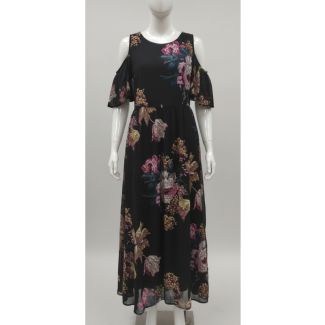 Black floral print maxi dress with cold shoulder short sleeves and round neckline