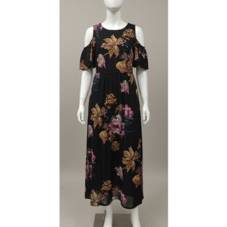 Black floral print maxi dress with cold shoulder cut-outs on a white mannequin in India