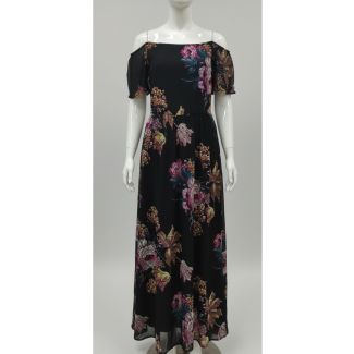 Black floral print off-shoulder maxi dress, perfect for party and occasion wear, India