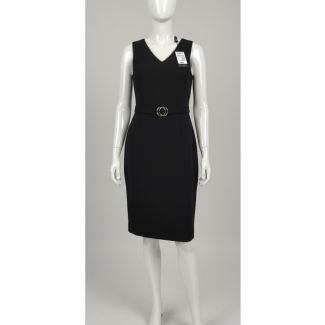 Black sleeveless sheath dress with belt and V-neck India