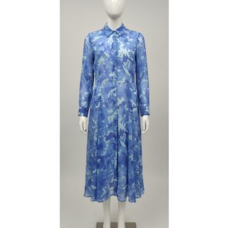 Blue watercolor print long sleeve shirt dress with A-line silhouette