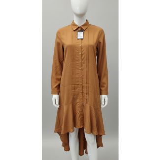 Solid brown full sleeve shirt tunic dress with pintuck details and high-low ruffle hem on mannequin