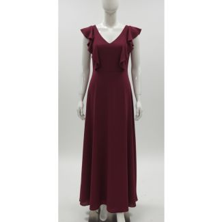 Burgundy maxi dress on mannequin featuring V-neck and layered ruffle cap sleeves India