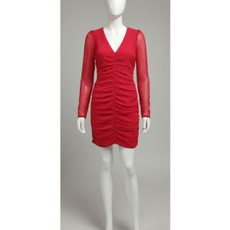 Crimson red ruched bodycon dress long sheer sleeves India