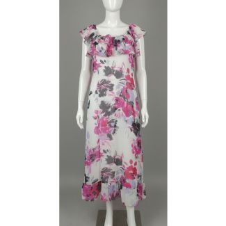 White chiffon midi dress with pink and grey floral print and ruffle neckline