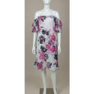 White chiffon dress with pink and black floral print, off-shoulder, and ruffle sleeves, shown on a mannequin in India