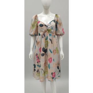 Cream floral print sheath dress with puff sleeves