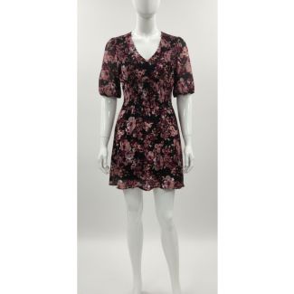 Black short western dress with deep pink floral print and puff sleeves on a mannequin