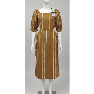 Golden brown striped cotton midi dress 3/4 sleeve India