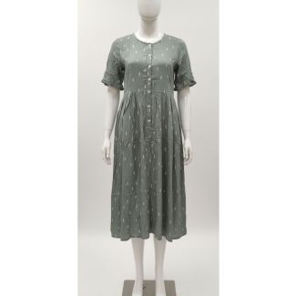 Grey printed cotton midi dress with flared A-line silhouette and short sleeves for women in India