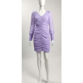 Lavender ruched mini dress with sheer puffed long sleeves displayed on a white mannequin in India