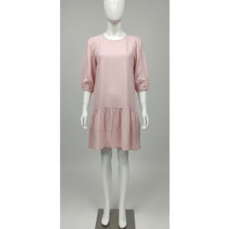 Light pink striped cotton dress with 3/4 puff sleeves and ruffle hem