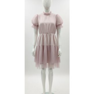 Lilac Tulle Puff Sleeve Tiered Dress with High Neckline and Tiered Skirt
